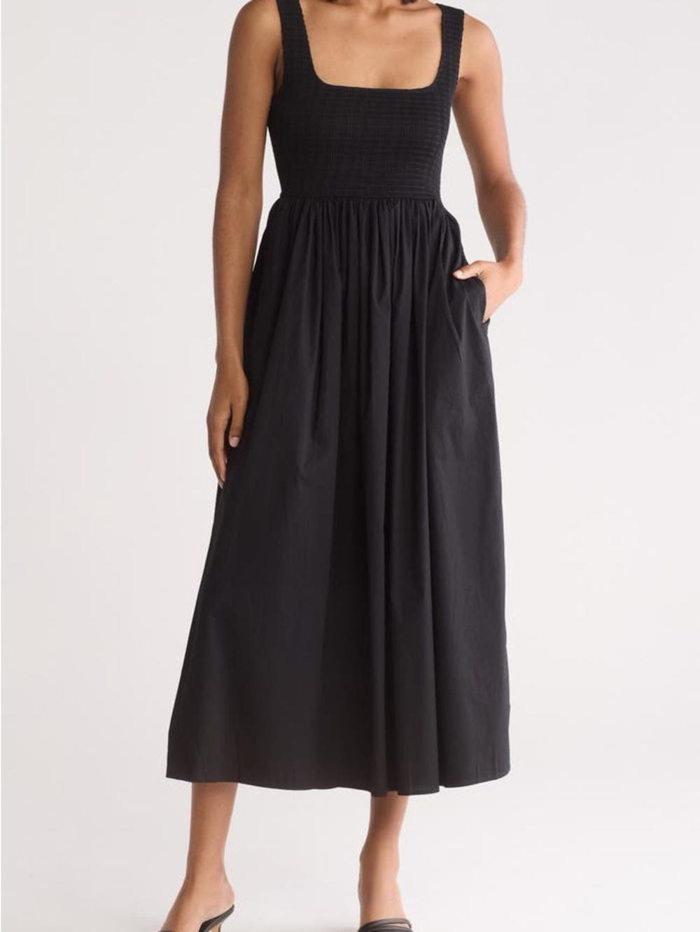 Wayf Black Midi Smocked Square-Neck Dress